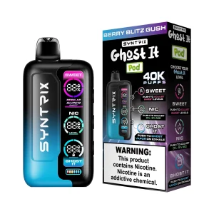 Berry Blitz Gush Syntrix Ghost It 40K disposable vape, up to 40,000 puffs, 14mL, 0-5% adjustable nicotine, 800mAh rechargeable, Ghost It vapor mode, no ice