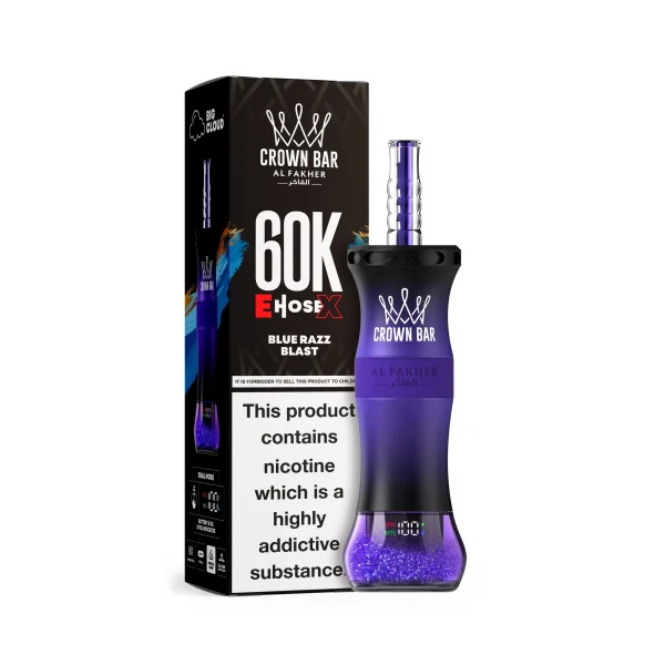 Blue Razz Blast Al Fakher Crown Bar 60K E-Hose X disposable e-hookah, up to 60,000 puffs, 50mL, 0.6% nicotine, 1000mAh rechargeable, no ice
