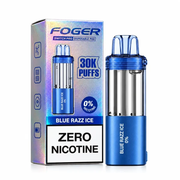Blue Razz Ice Foger Switch Pro 30K Zero Nicotine disposable pod and box, 0% nicotine, up to 30,000 puffs, sweet-tart blue raspberry, iced