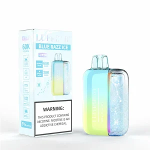 Blue Razz Ice Luffbar Cue 60K disposable vape, up to 60,000 puffs, 20mL, 5% nicotine, 650mAh rechargeable, shake-to-glitter design, iced