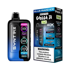 Blue Razz Ice Syntrix Ghost It 40K disposable vape, up to 40,000 puffs, 14mL, 0-5% adjustable nicotine, 800mAh rechargeable, Ghost It vapor mode, iced