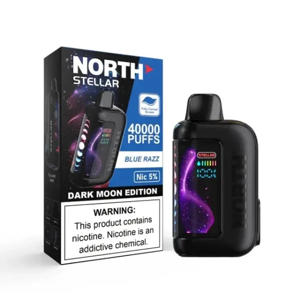 Blue Razz North Stellar 40K disposable vape, up to 40,000 puffs, 20mL, 5% nicotine, curved screen, Texas compliant, no ice