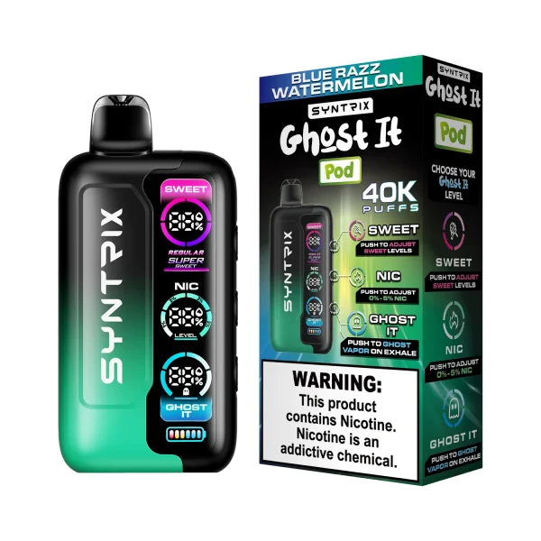 Blue Razz Watermelon Syntrix Ghost It 40K disposable vape, up to 40,000 puffs, 14mL, 0-5% adjustable nicotine, 800mAh rechargeable, Ghost It vapor mode, no ice