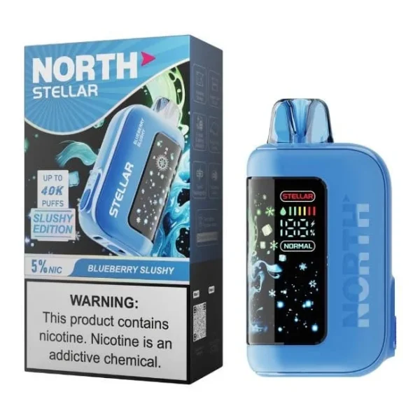 Blueberry Slushy North Stellar 40K disposable vape, up to 40,000 puffs, 20mL, 5% nicotine, curved screen, Texas compliant, iced