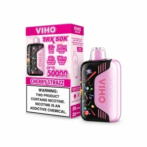Cherry Strazz VIHO TRX 50K disposable vape, up to 50,000 puffs, 20mL, 5% nicotine, 1500mAh rechargeable, no ice