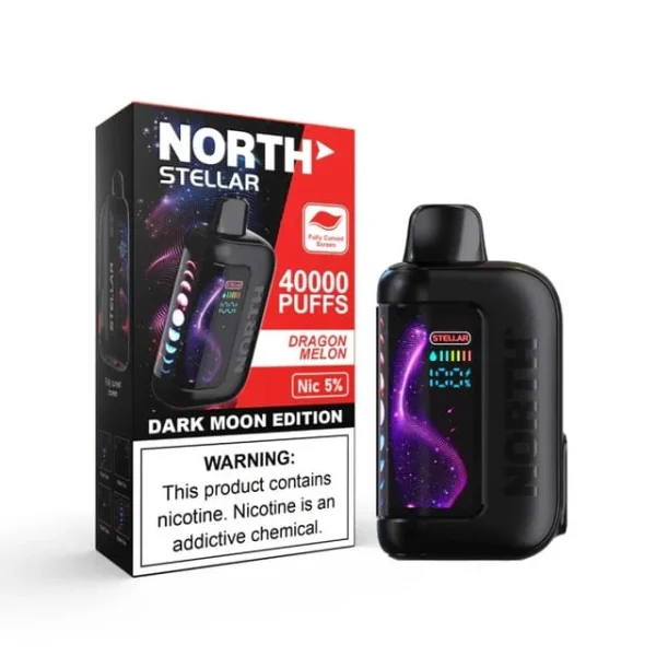 Dragon Melon North Stellar 40K disposable vape, up to 40,000 puffs, 20mL, 5% nicotine, curved screen, Texas compliant, no ice
