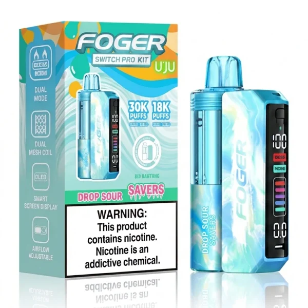 Drop Sour Savers Foger Switch Pro 30K disposable vape kit with smart-screen power bank and retail box — sour candy drop with a sweet center, no ice — JellyPuffs