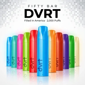 Fifty Bar DVRT collection cover: eleven DVRT disposable vapes in sky blue, teal, pink, lime, red, orange, purple, green and cream on a white pixel-pattern backdrop, filled in America, 2,000 puffs