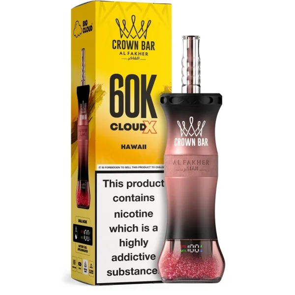 Hawaii Al Fakher Crown Bar 60K Cloud X disposable e-hookah, up to 60,000 puffs, 50mL, 0.6% nicotine, 1000mAh rechargeable, no ice