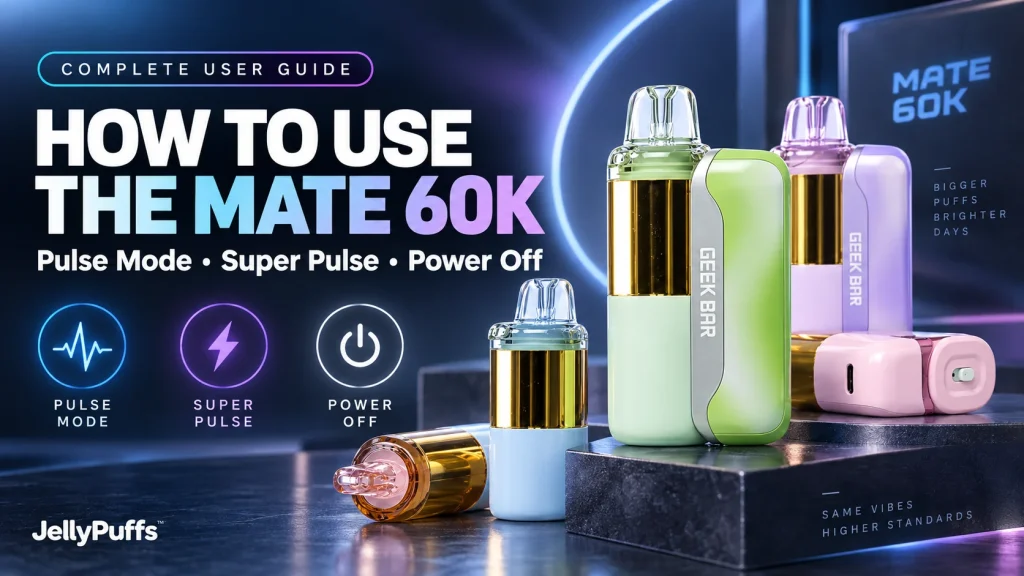 How to use the Geek Bar Mate 60K complete user guide cover with Pulse Mode, Super Pulse and power off icons beside Mate 60K kits and pods