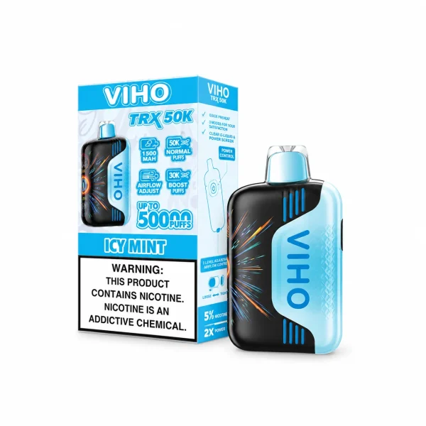Icy Mint VIHO TRX 50K disposable vape, up to 50,000 puffs, 20mL, 5% nicotine, 1500mAh rechargeable, iced