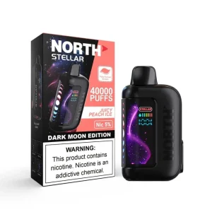 Juicy Peach Ice North Stellar 40K disposable vape, up to 40,000 puffs, 20mL, 5% nicotine, curved screen, Texas compliant, iced