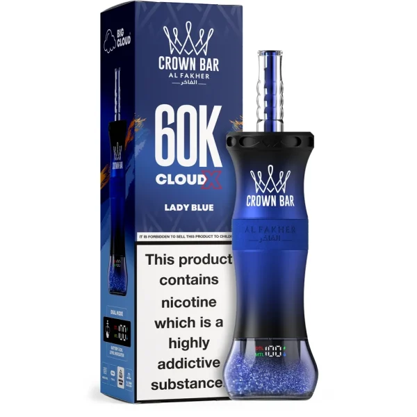 Lady Blue Al Fakher Crown Bar 60K Cloud X disposable e-hookah, up to 60,000 puffs, 50mL, 0.6% nicotine, 1000mAh rechargeable, no ice