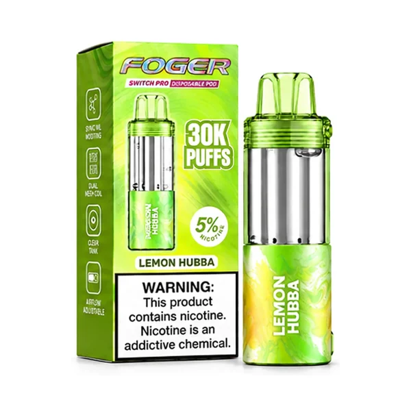 Lemon Hubba Foger Switch Pro 30K disposable pod and retail box — zesty lemon bubblegum, no ice — JellyPuffs