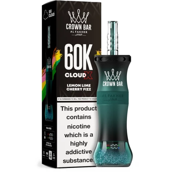Lemon Lime Cherry Fizz Al Fakher Crown Bar 60K Cloud X disposable e-hookah, up to 60,000 puffs, 50mL, 0.6% nicotine, 1000mAh rechargeable, no ice