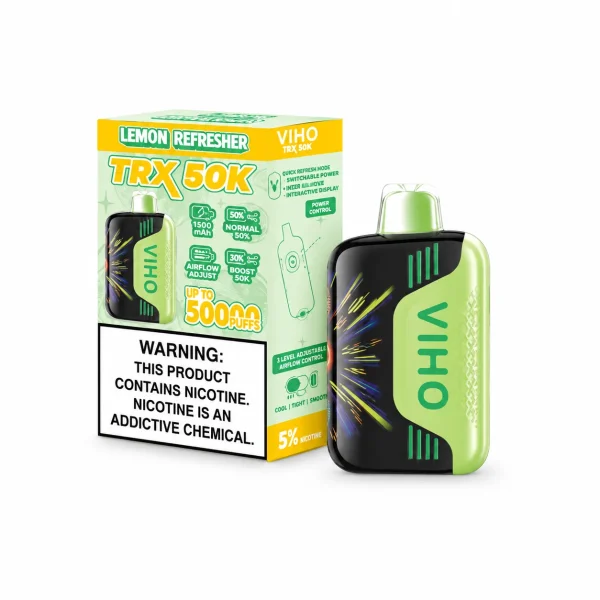 Lemon Refresher VIHO TRX 50K disposable vape, up to 50,000 puffs, 20mL, 5% nicotine, 1500mAh rechargeable, no ice