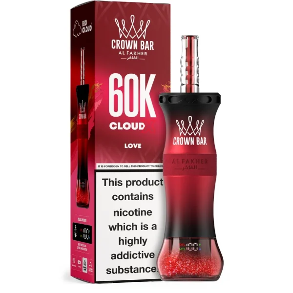 Love Al Fakher Crown Bar 60K Cloud X disposable e-hookah, up to 60,000 puffs, 50mL, 0.6% nicotine, 1000mAh rechargeable, no ice