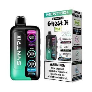 Menthol Syntrix Ghost It 40K disposable vape, up to 40,000 puffs, 14mL, 0-5% adjustable nicotine, 800mAh rechargeable, Ghost It vapor mode, iced