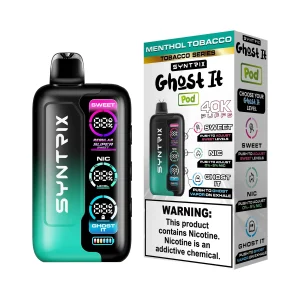 Menthol Tobacco Syntrix Ghost It 40K disposable vape, up to 40,000 puffs, 14mL, 0-5% adjustable nicotine, 800mAh rechargeable, Ghost It vapor mode, iced