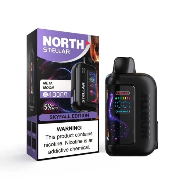 Meta Moon North Stellar 40K disposable vape, up to 40,000 puffs, 20mL, 5% nicotine, curved screen, Texas compliant, no ice