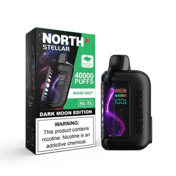 Miami Mint North Stellar 40K disposable vape, up to 40,000 puffs, 20mL, 5% nicotine, curved screen, Texas compliant, iced
