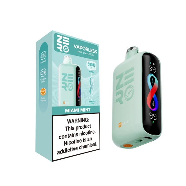 Miami Mint Sikary Cloud Zero 50K disposable vape, up to 50,000 puffs, 23mL, vapor and vaporless modes, 5% nicotine, 750mAh rechargeable, iced