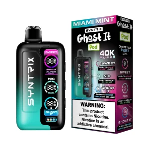 Miami Mint Syntrix Ghost It 40K disposable vape, up to 40,000 puffs, 14mL, 0-5% adjustable nicotine, 800mAh rechargeable, Ghost It vapor mode, iced