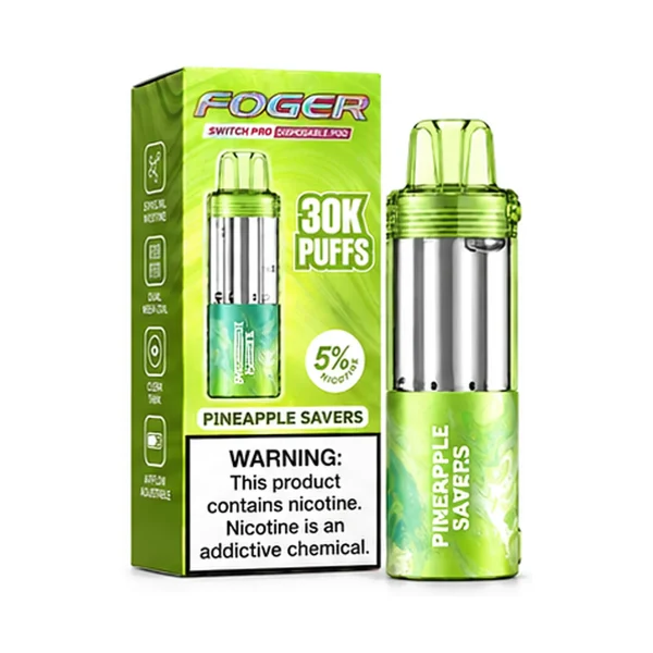 Pineapple Savers Foger Switch Pro 30K disposable pod and retail box — sweet pineapple hard candy, no ice — JellyPuffs
