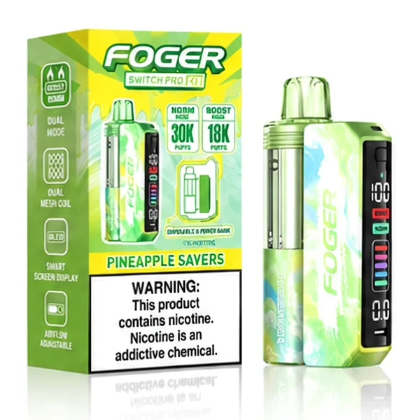 Pineapple Savers Foger Switch Pro 30K disposable vape kit with smart-screen power bank and retail box — sweet pineapple hard candy, no ice — JellyPuffs