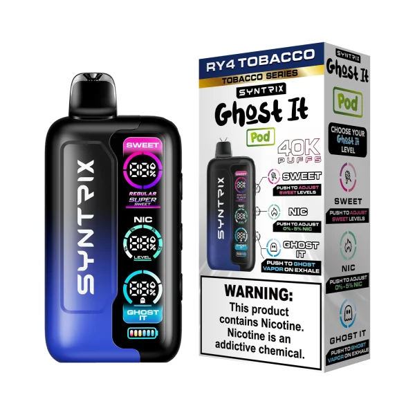 RY4 Tobacco Syntrix Ghost It 40K disposable vape, up to 40,000 puffs, 14mL, 0-5% adjustable nicotine, 800mAh rechargeable, Ghost It vapor mode, no ice