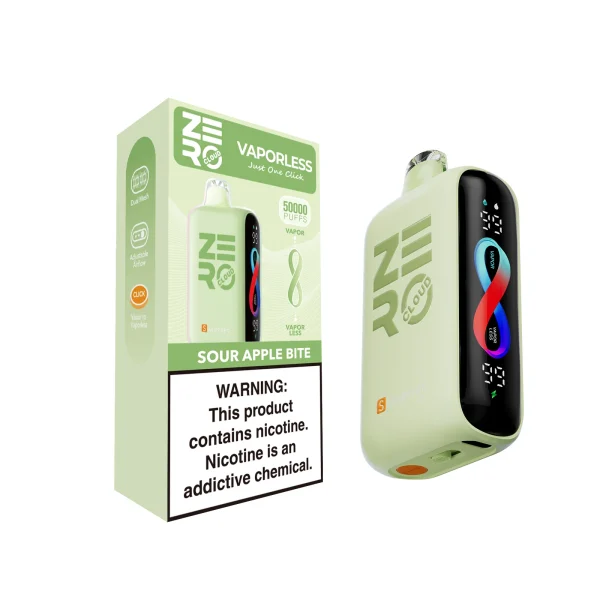 Sour Apple Bite Sikary Cloud Zero 50K disposable vape, up to 50,000 puffs, 23mL, vapor and vaporless modes, 5% nicotine, 750mAh rechargeable, no ice