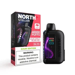Sour Apple Blow Pop North Stellar 40K disposable vape, up to 40,000 puffs, 20mL, 5% nicotine, curved screen, Texas compliant, no ice