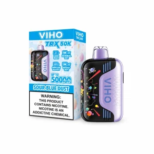 Sour Blue Dust VIHO TRX 50K disposable vape, up to 50,000 puffs, 20mL, 5% nicotine, 1500mAh rechargeable, no ice