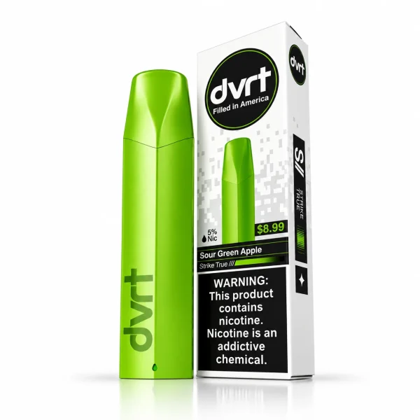 Sour Green Apple Fifty Bar DVRT 2000 disposable vape with retail box, 3mL, 5% salt nicotine, up to 2,000 puffs, no ice