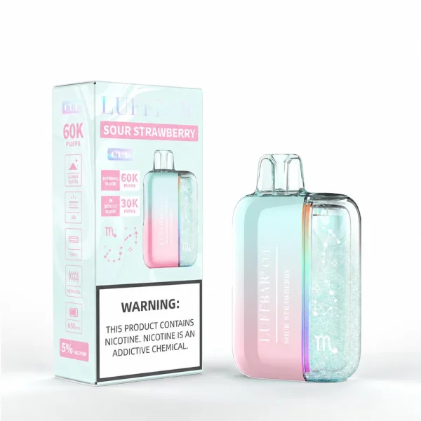 Sour Strawberry Luffbar Cue 60K disposable vape, up to 60,000 puffs, 20mL, 5% nicotine, 650mAh rechargeable, shake-to-glitter design, no ice