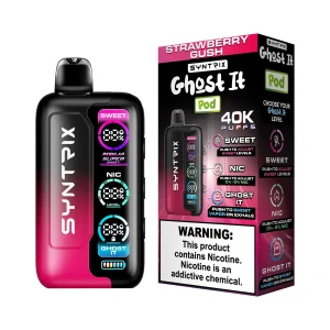 Strawberry Gush Syntrix Ghost It 40K disposable vape, up to 40,000 puffs, 14mL, 0-5% adjustable nicotine, 800mAh rechargeable, Ghost It vapor mode, no ice