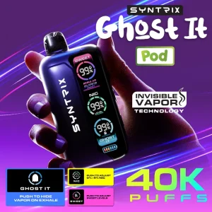 Syntrix Ghost It 40K disposable vape collection, up to 40,000 puffs, 14mL, 0-5% adjustable nicotine, 800mAh rechargeable, Ghost It vapor mode, 20 flavors