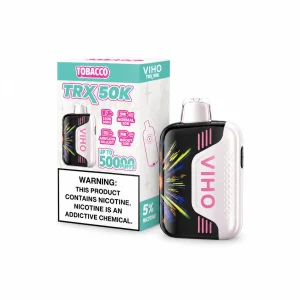 Tobacco VIHO TRX 50K disposable vape, up to 50,000 puffs, 20mL, 5% nicotine, 1500mAh rechargeable, no ice
