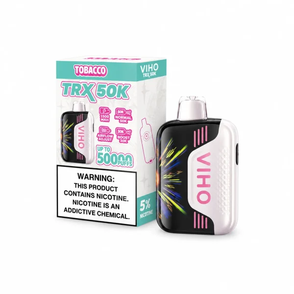 Tobacco VIHO TRX 50K disposable vape, up to 50,000 puffs, 20mL, 5% nicotine, 1500mAh rechargeable, no ice