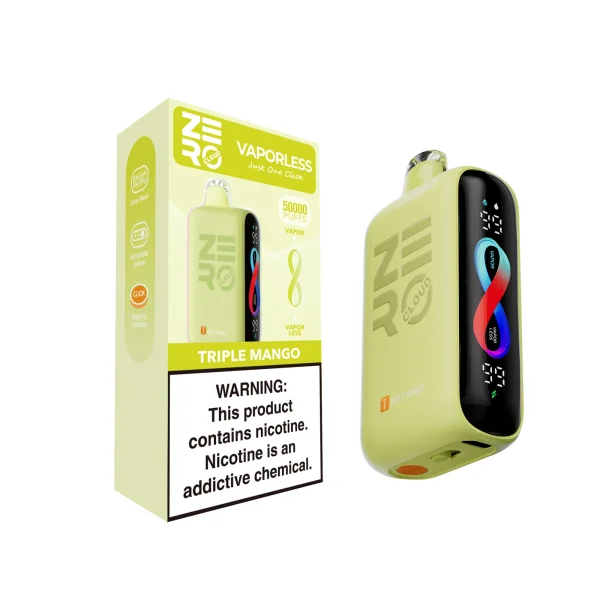 Triple Mango Sikary Cloud Zero 50K disposable vape, up to 50,000 puffs, 23mL, vapor and vaporless modes, 5% nicotine, 750mAh rechargeable, no ice