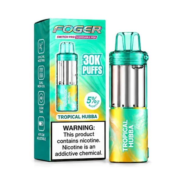 Tropical Hubba Foger Switch Pro 30K disposable pod and retail box — pineapple and passion fruit bubblegum, no ice — JellyPuffs