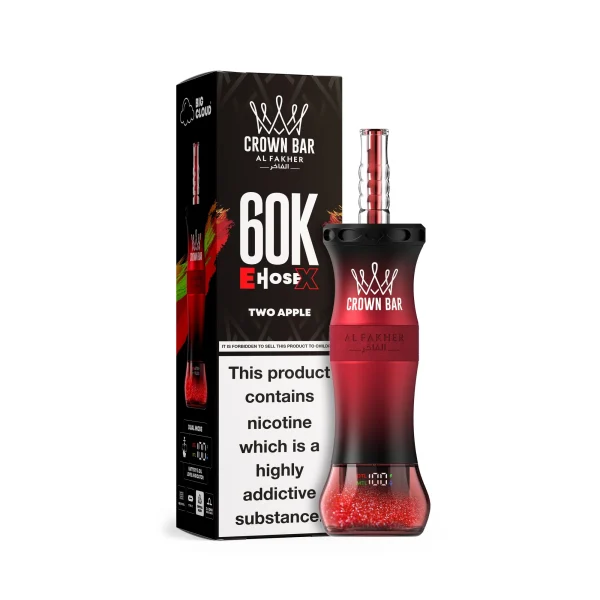 Two Apple Al Fakher Crown Bar 60K E-Hose X disposable e-hookah, up to 60,000 puffs, 50mL, 0.6% nicotine, 1000mAh rechargeable, no ice
