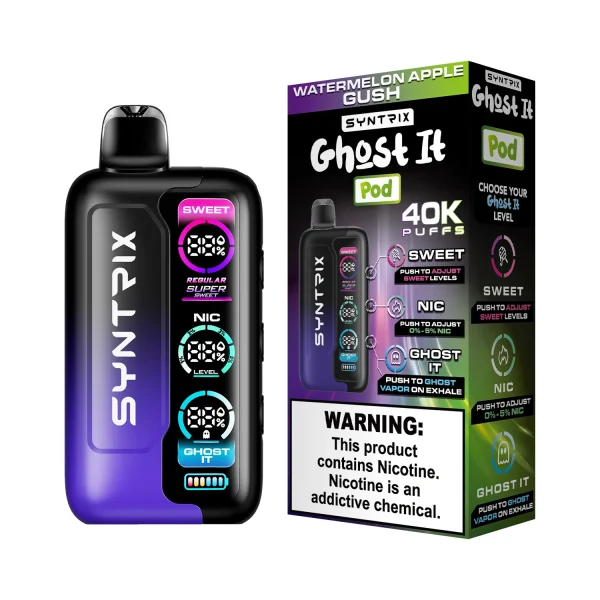 Watermelon Apple Gush Syntrix Ghost It 40K disposable vape, up to 40,000 puffs, 14mL, 0-5% adjustable nicotine, 800mAh rechargeable, Ghost It vapor mode, no ice