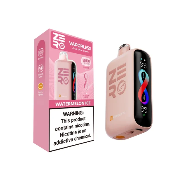 Watermelon Ice Sikary Cloud Zero 50K disposable vape, up to 50,000 puffs, 23mL, vapor and vaporless modes, 5% nicotine, 750mAh rechargeable, iced