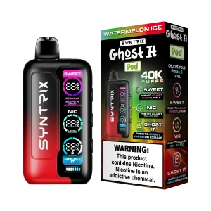 Watermelon Ice Syntrix Ghost It 40K disposable vape, up to 40,000 puffs, 14mL, 0-5% adjustable nicotine, 800mAh rechargeable, Ghost It vapor mode, iced