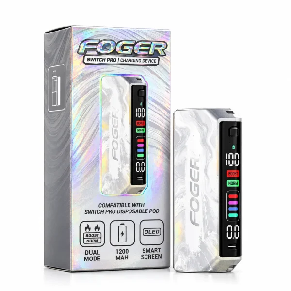 White Foger Switch Pro charging device, rechargeable USB-C battery base for Foger Switch Pro 30K pods (pods sold separately)