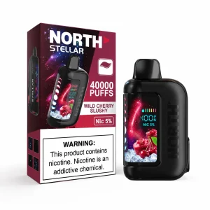 Wild Cherry Slushy North Stellar 40K disposable vape, up to 40,000 puffs, 20mL, 5% nicotine, curved screen, Texas compliant, iced