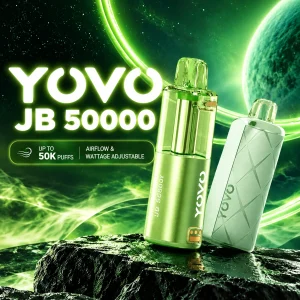 YOVO JB50K Pod: green prefilled pod and power bank on a green space backdrop, up to 50K puffs, adjustable airflow and wattage