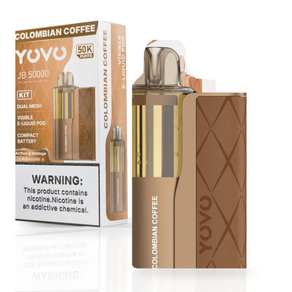 Colombian Coffee YOVO JB50K disposable vape kit with 1000mAh power bank and 15mL pod, 5% nicotine salt, up to 50,000 puffs, no ice