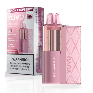 Peach Raspberry YOVO JB50K disposable vape kit with 1000mAh power bank and 15mL pod, 5% nicotine salt, up to 50,000 puffs, no ice